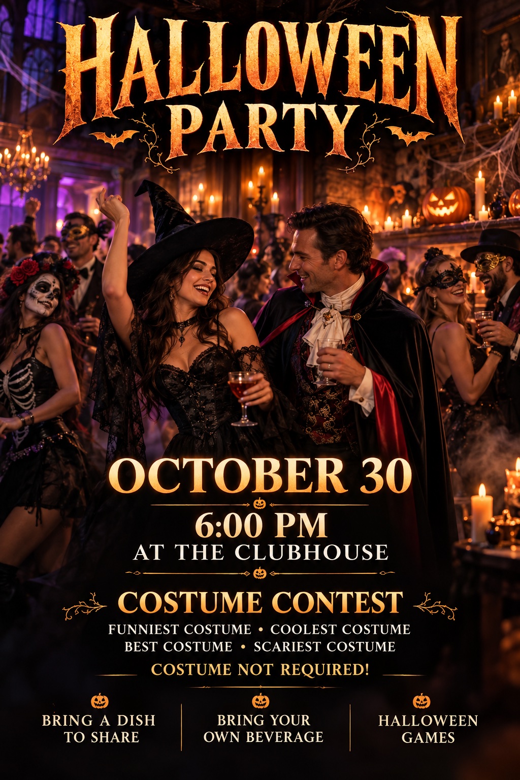 Halloween Party flyer: October 30, 6:00 pm at the Clubhouse, with costume contest and Halloween games