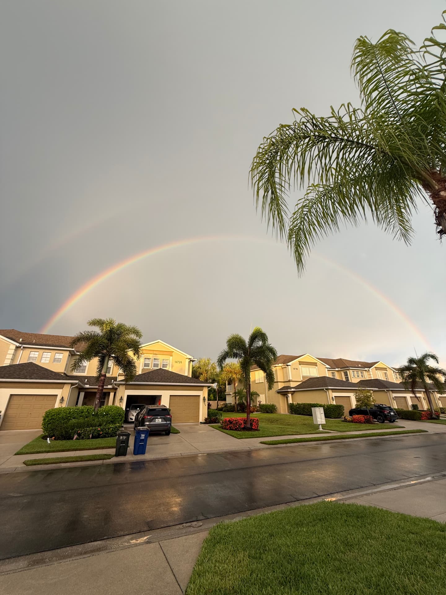 Double rainbow over Calusa Palms condominium buildings after a rain shower