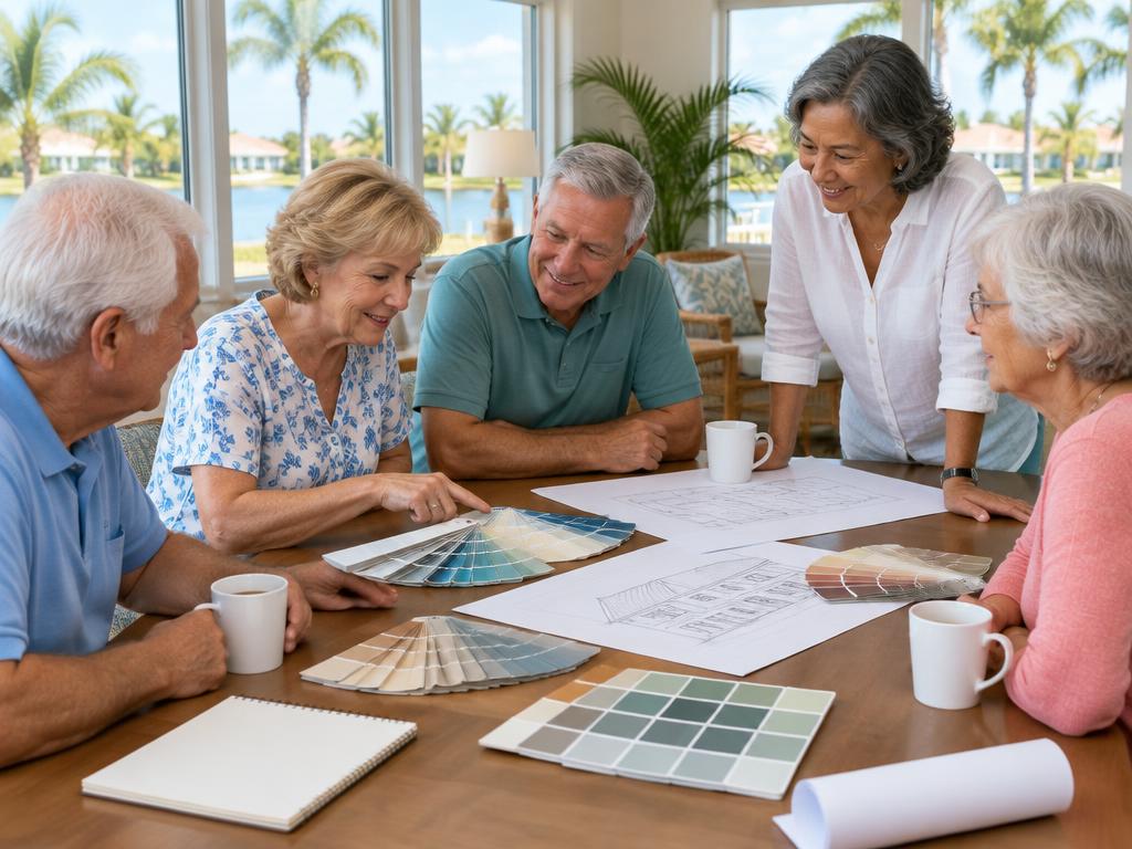 Committee members reviewing color swatches and building plans at the clubhouse
