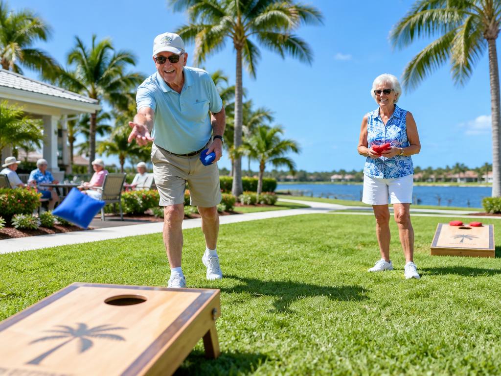 Residents playing cornhole on the lawn near the clubhouse