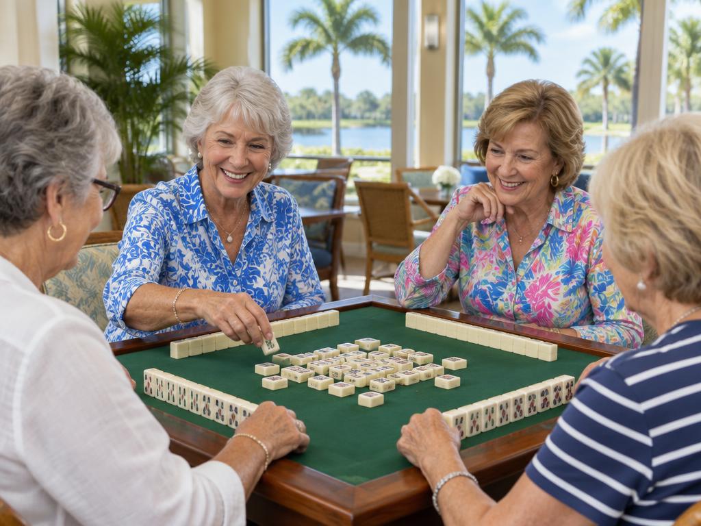 Four residents playing mahjong at a table in the clubhouse