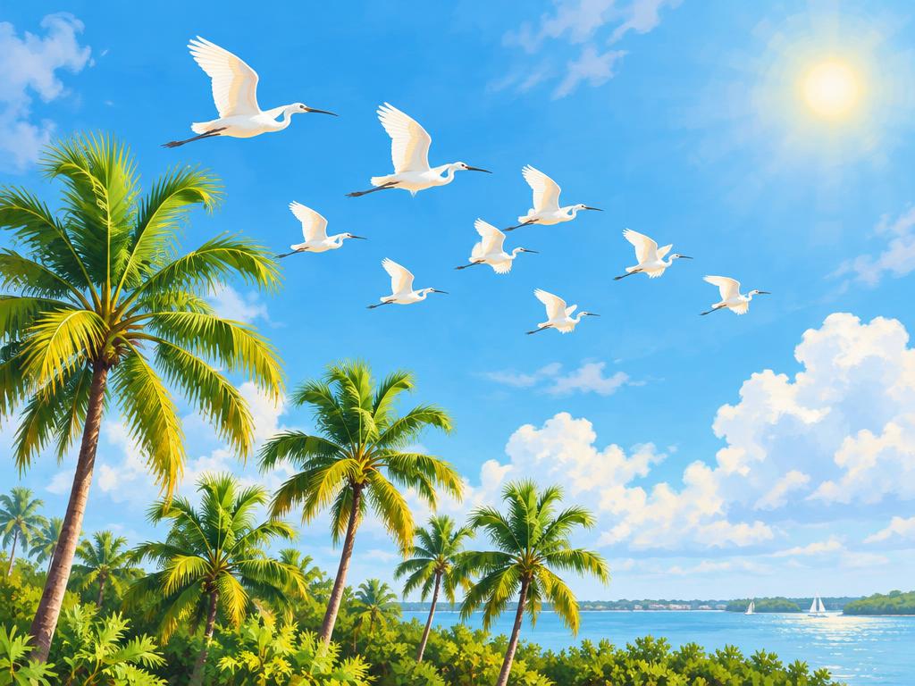 A flock of birds flying over palm trees in a sunny Florida sky